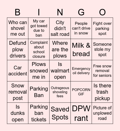 Fall River Snow Bingo Card