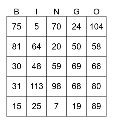 Number Bingo Card