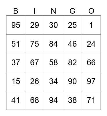 Number Bingo Card