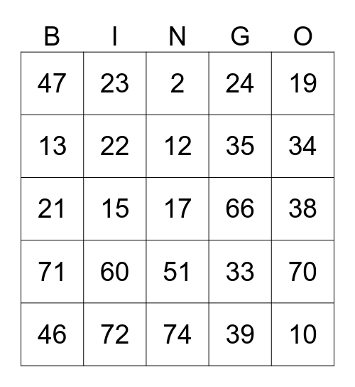 Number Bingo Card