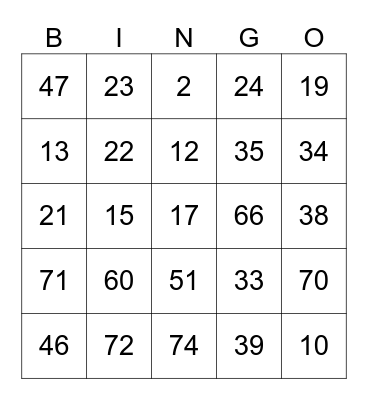 Number Bingo Card