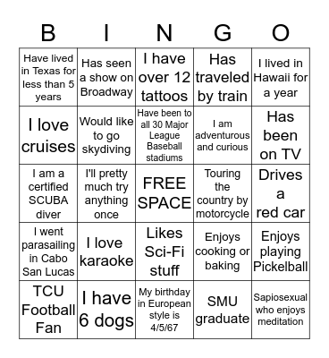 DFW Love Bingo Card