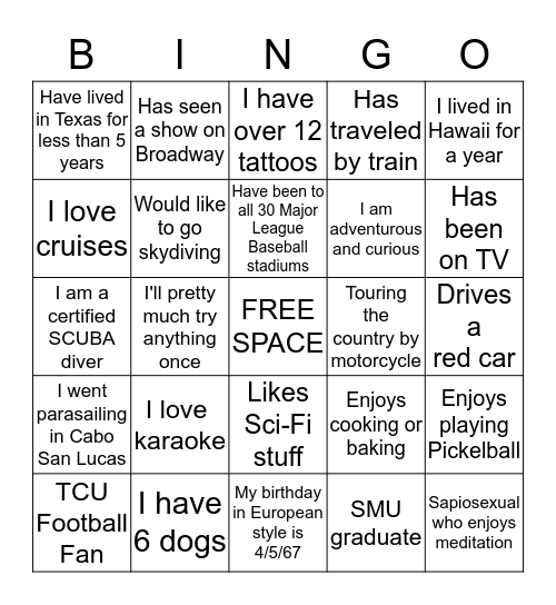 DFW Love Bingo Card