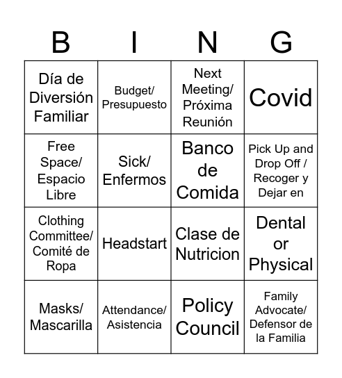 Parent Meeting Bingo Card