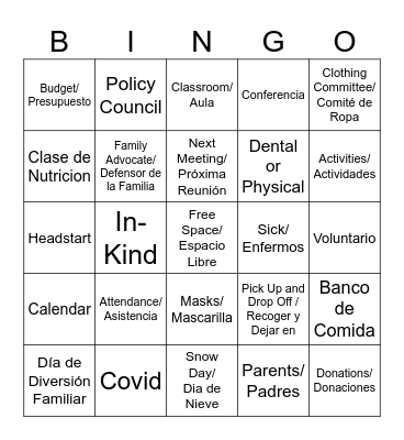 Parent Meeting Bingo Card