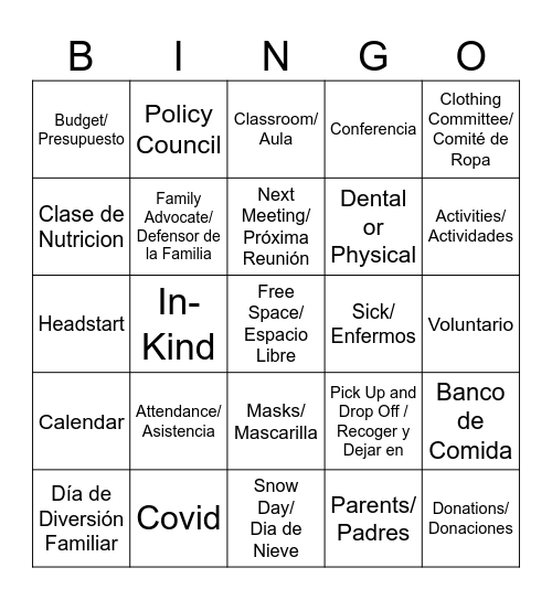 Parent Meeting Bingo Card