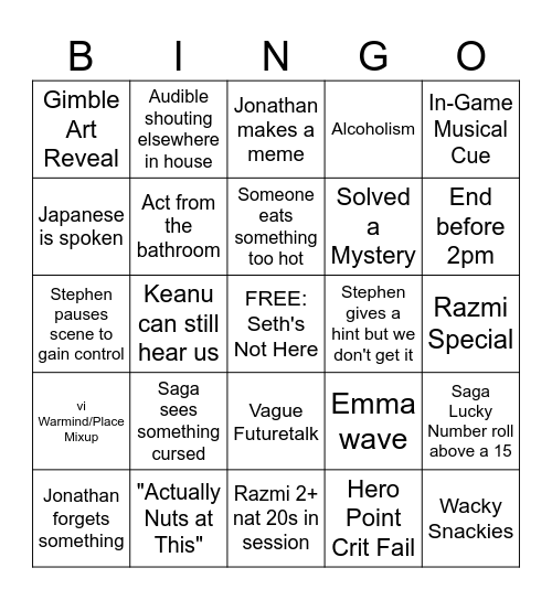 Fateless Bingo Card
