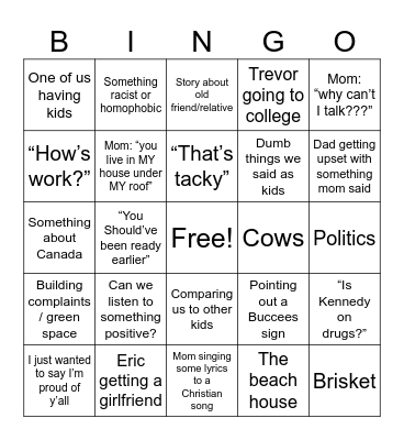 Mom & dad sayings Bingo Card