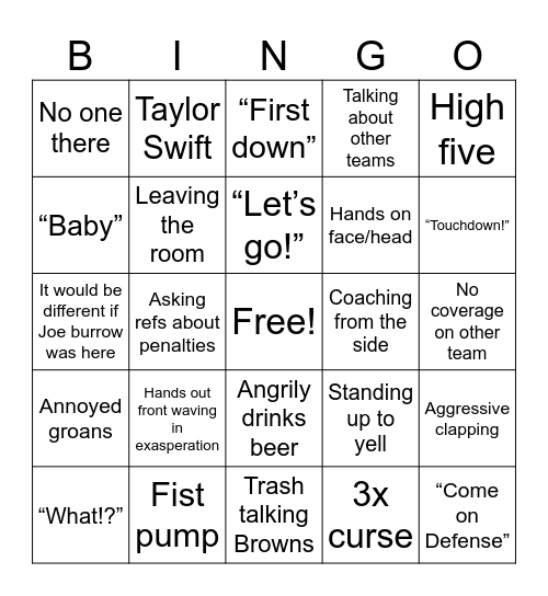 Bengals Game Bingo Card