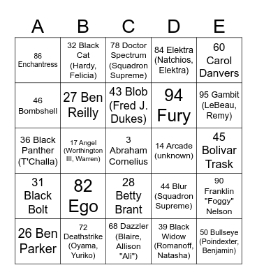 MARVEL A to G 2024 Bingo Card