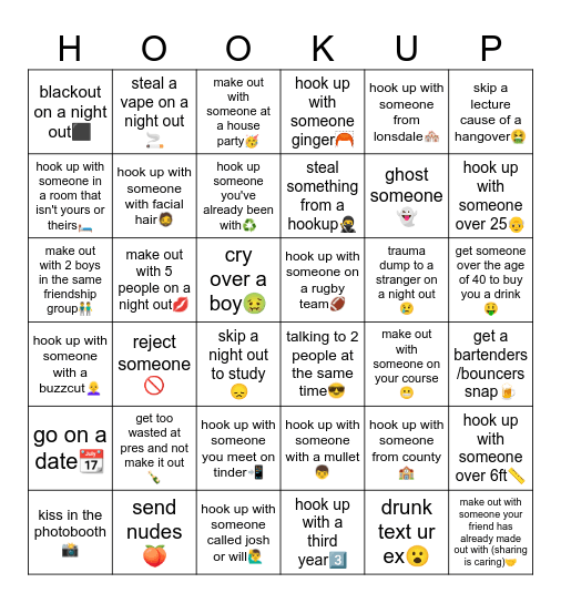 Semester 2 Hookup Bingo Card