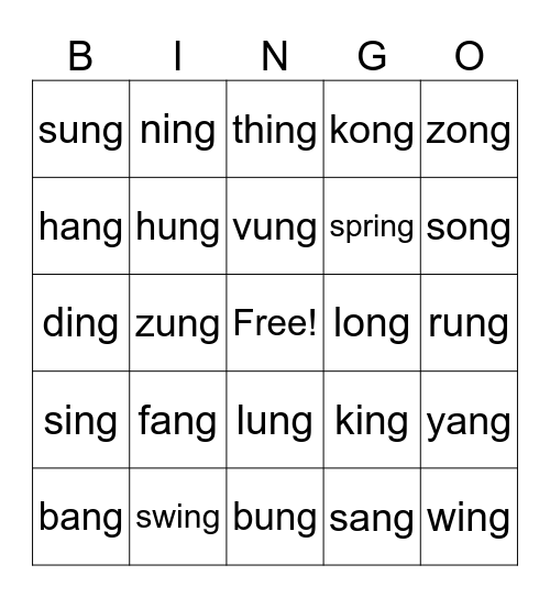 Glued Sound "-ng" BINGO Card