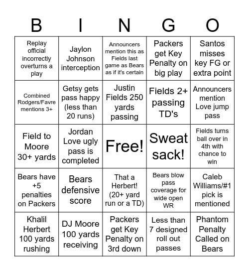 Bears Packers Bingo Card