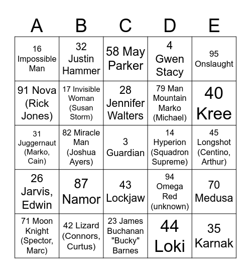 MARVEL H TO O 2024 Bingo Card