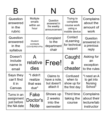 Start of Semester Bingo Card
