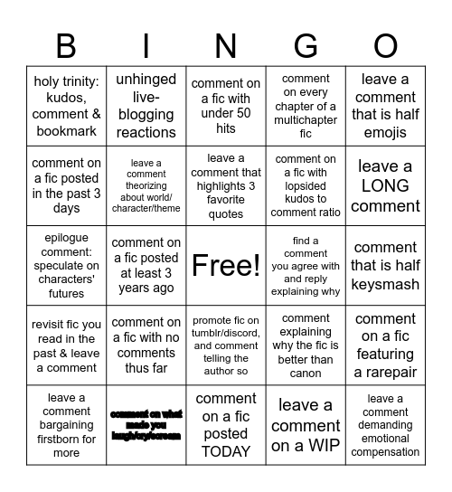 Feed the Fandom Fest: Comment Bingo Card