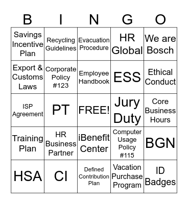 Bosch New Hire Orientation Bingo Card