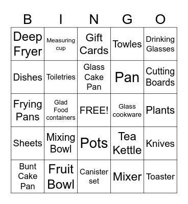 House Warming Bingo Card