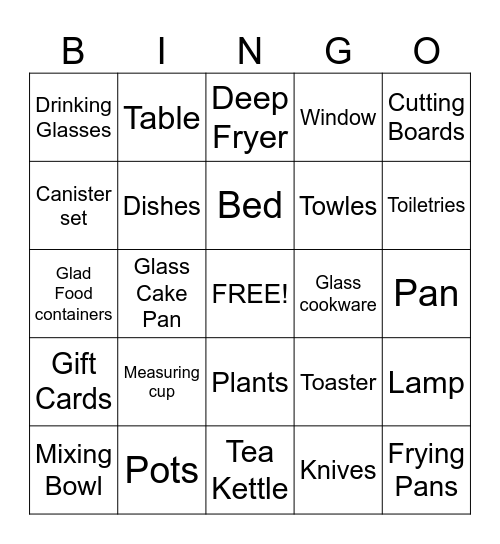 House Warming Bingo Card