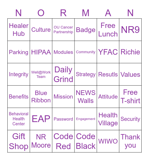 Norman Regional Health System Bingo Card