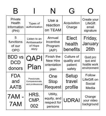 January New Team Member Bingo Card