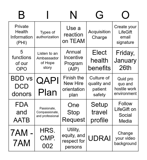 January New Team Member Bingo Card