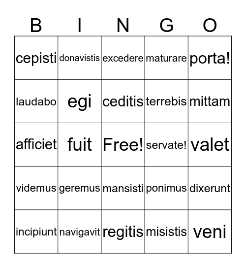 Latin Verb Bingo Card