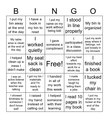 Back to School Bingo Card