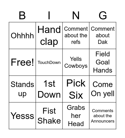 Cowboys Bingo Card