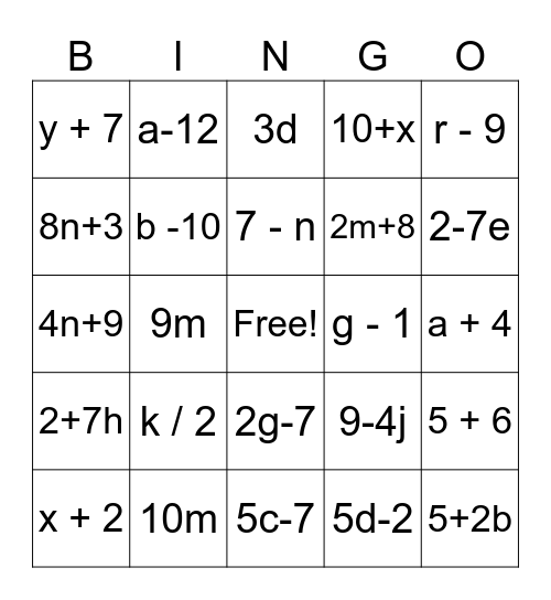 Translating Algebraic Expressions Bingo Card