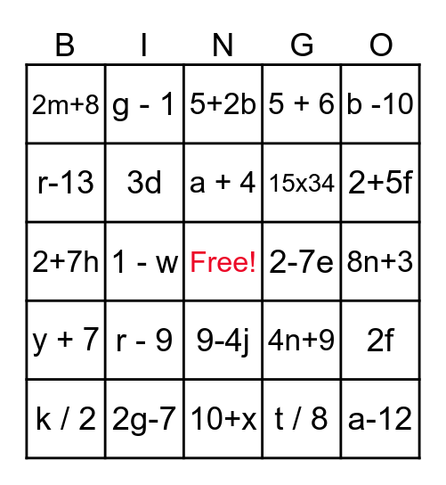 Translating Algebraic Expressions Bingo Card