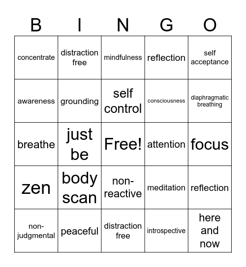 mindfulness Bingo Card