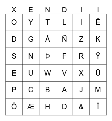 "Xendi" Alphabet Bingo Card