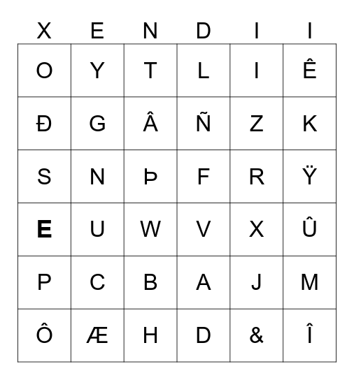 "Xendi" Alphabet Bingo Card