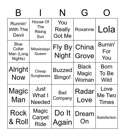 Classic Rock Bingo Card