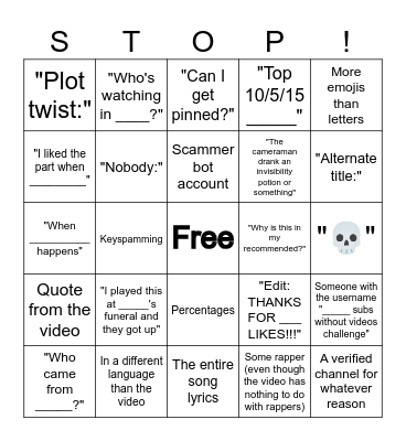 YouTube Comments Bingo Card