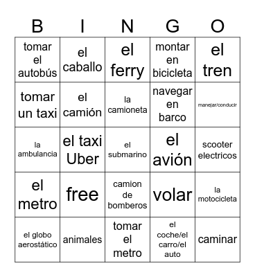 La Transportacion Bingo Card