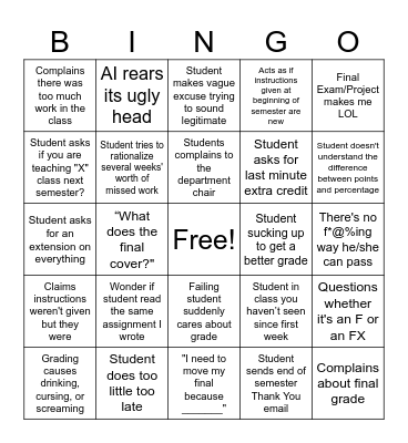 End of Semester Bingo Card