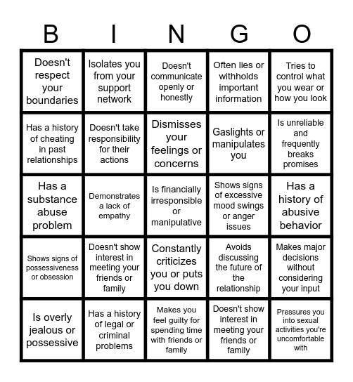 Red Flags Bingo Card