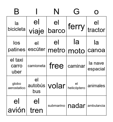 el transporte Bingo Card