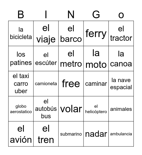 el transporte Bingo Card