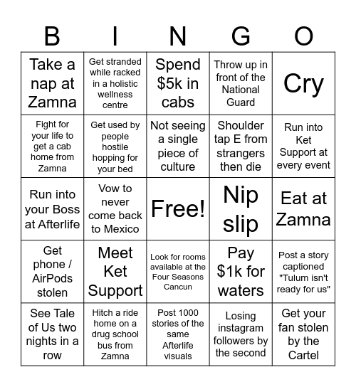 Tulum Bingo Card