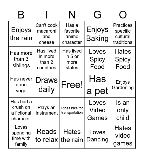 Class bingo Card