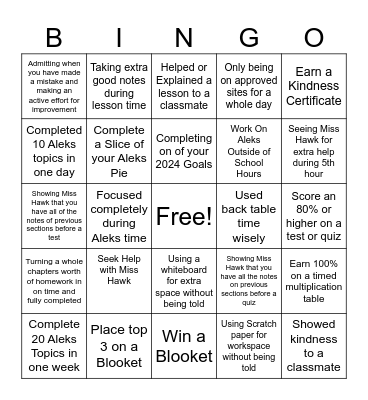 Miss Hawk's January Math Class Bingo Card
