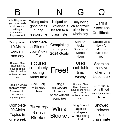 Miss Hawk's January Math Class Bingo Card