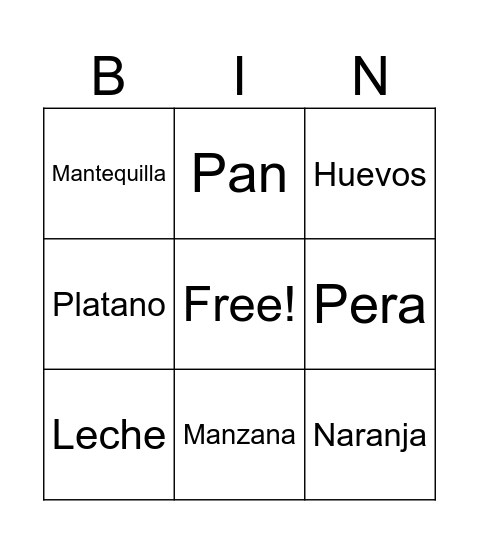 Alimentos Bingo Card