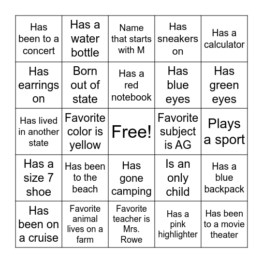 Ag Class Bingo Card