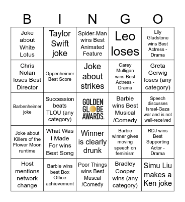 Golden Globes 2024 Bingo Card