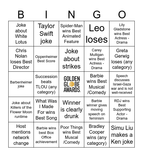 Golden Globes 2024 Bingo Card