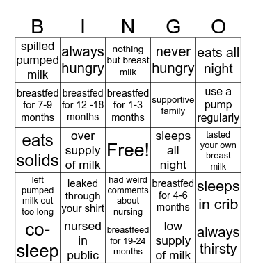 Breastfeeding Bingo Card